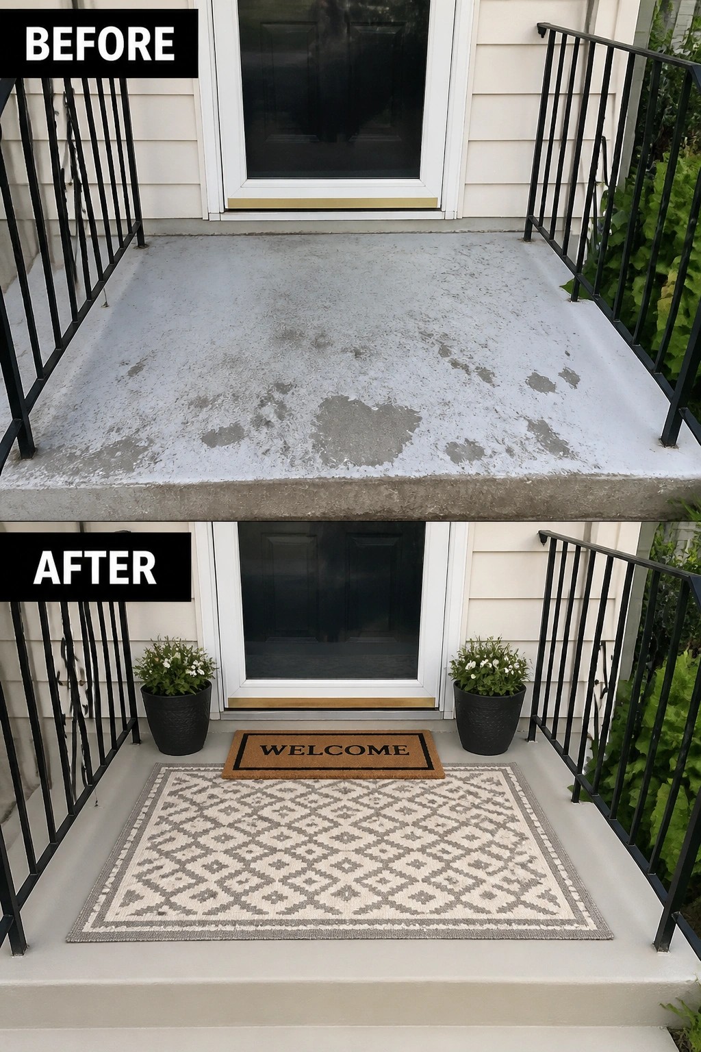 Before-and-after image of a bare concrete porch updated with a large patterned rug, welcome mat, and potted plants.