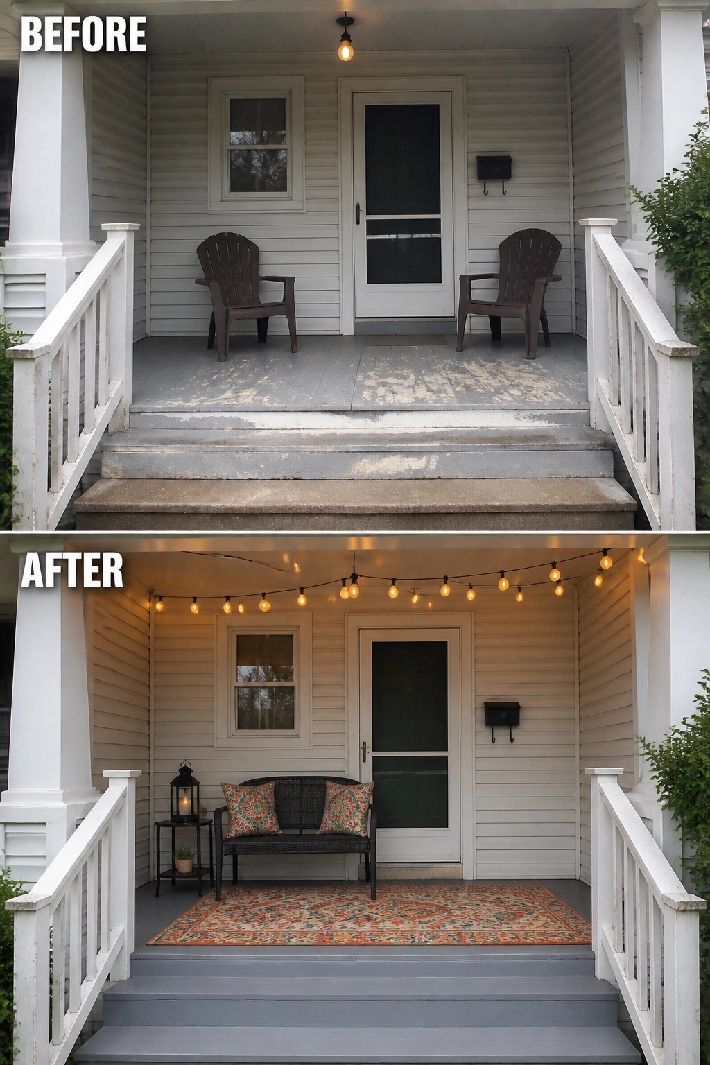 Before-and-after image of a front porch updated with string lights, a bench, a rug, and a lantern.