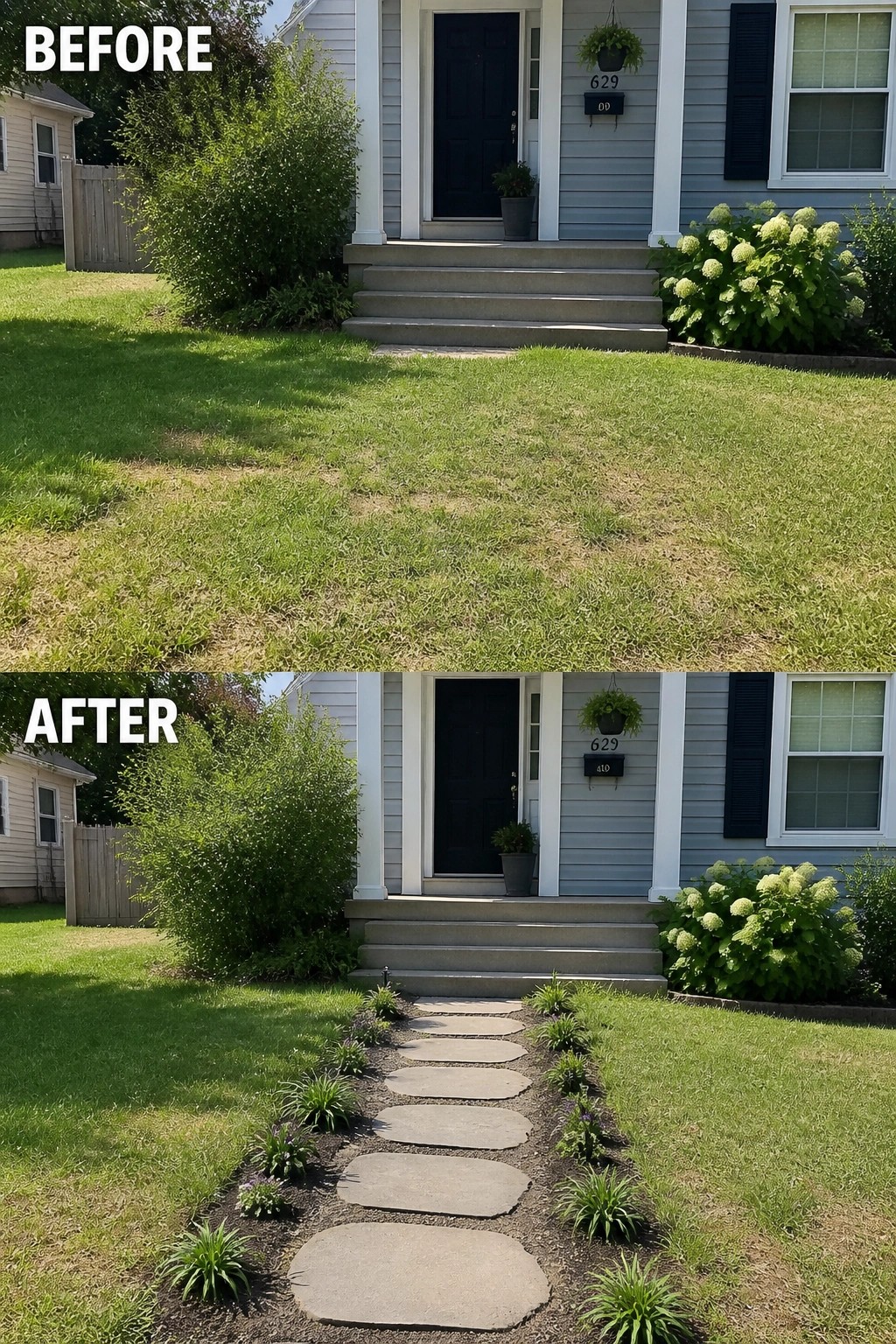 Before-and-after image of a front yard showing a new stone pathway added through the lawn to the front steps.