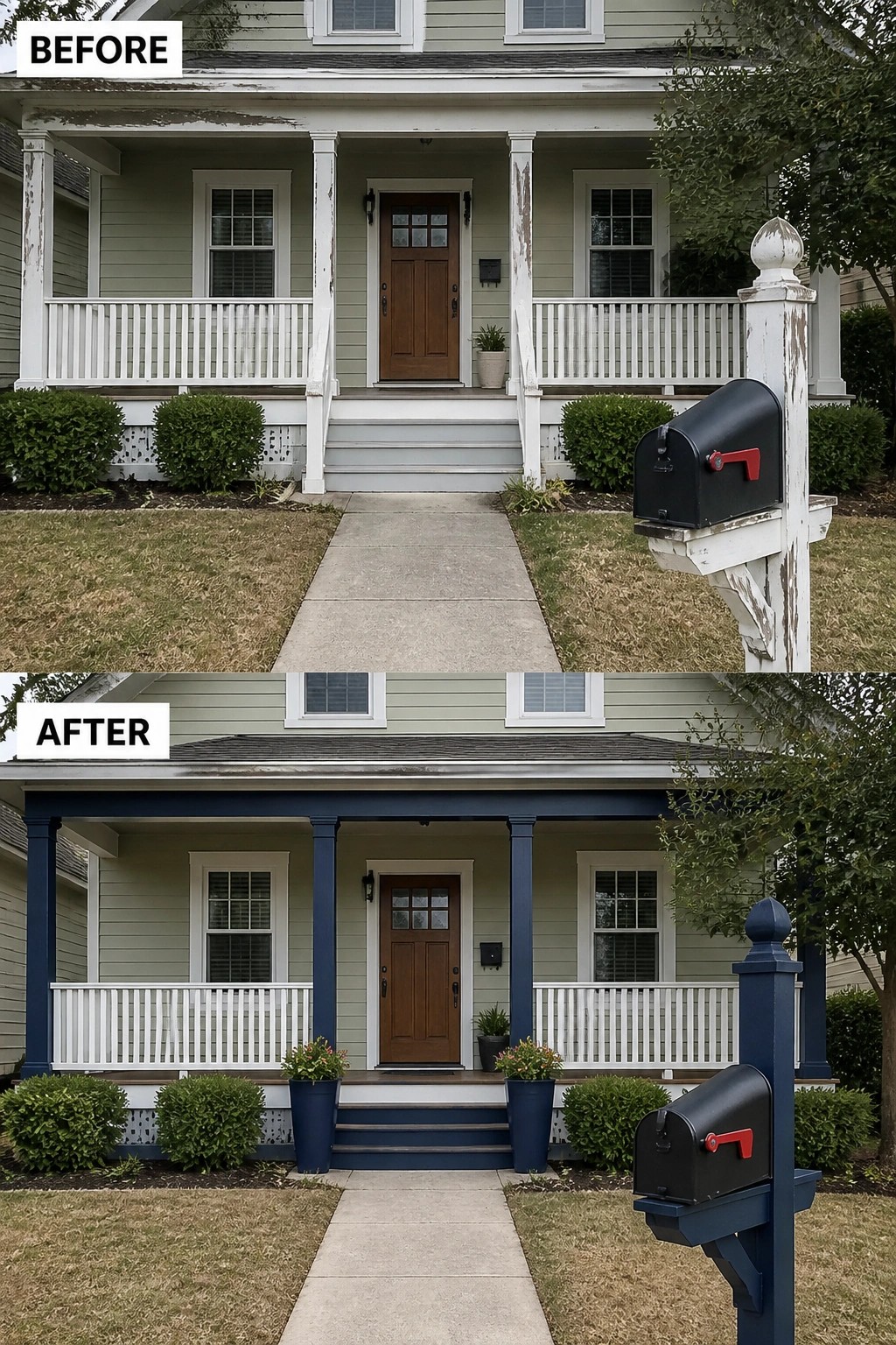 Before-and-after view of house porch repainted with navy columns and mailbox post
