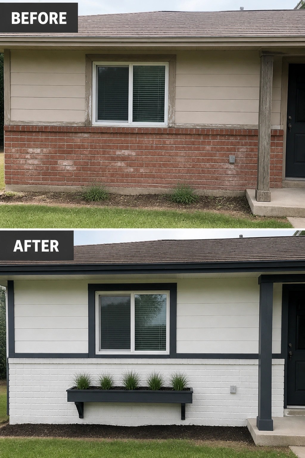 Before-and-after image of a house exterior showing red brick painted white, black trim added, and a window box planter installed under the window.