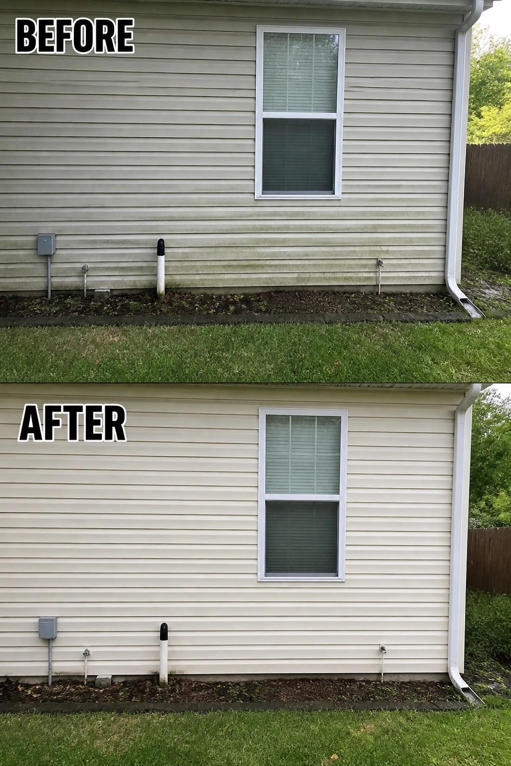 Before and after view of house with dirty siding cleaned to bright white