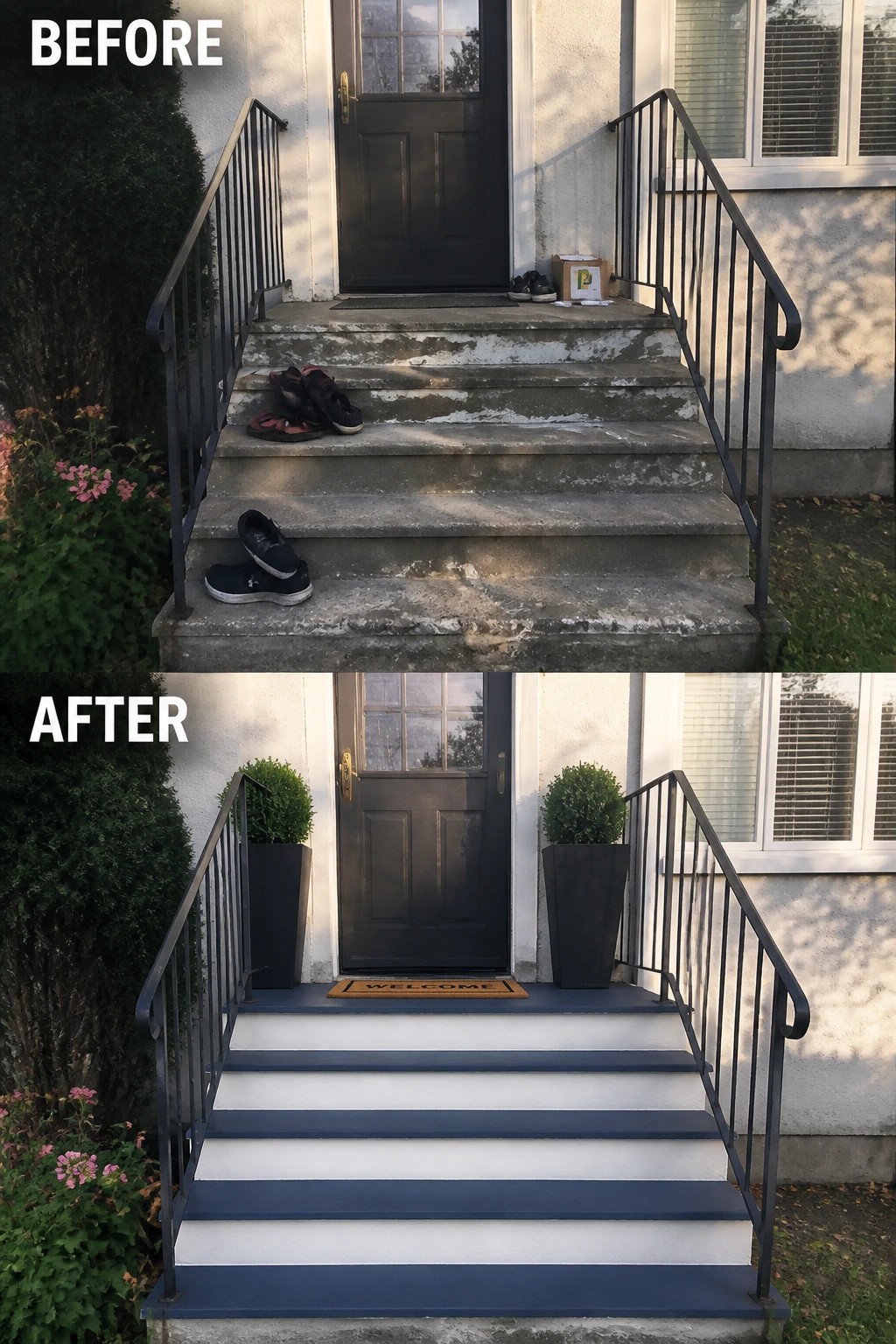 Before-and-after image of concrete entry stairs updated with painted stripes and two large planters placed symmetrically beside the door.
