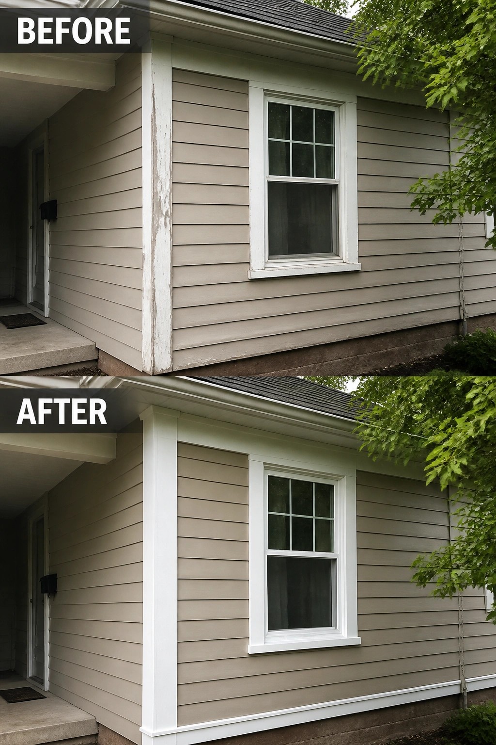 Before and after of beige house with peeling trim freshly repainted white.