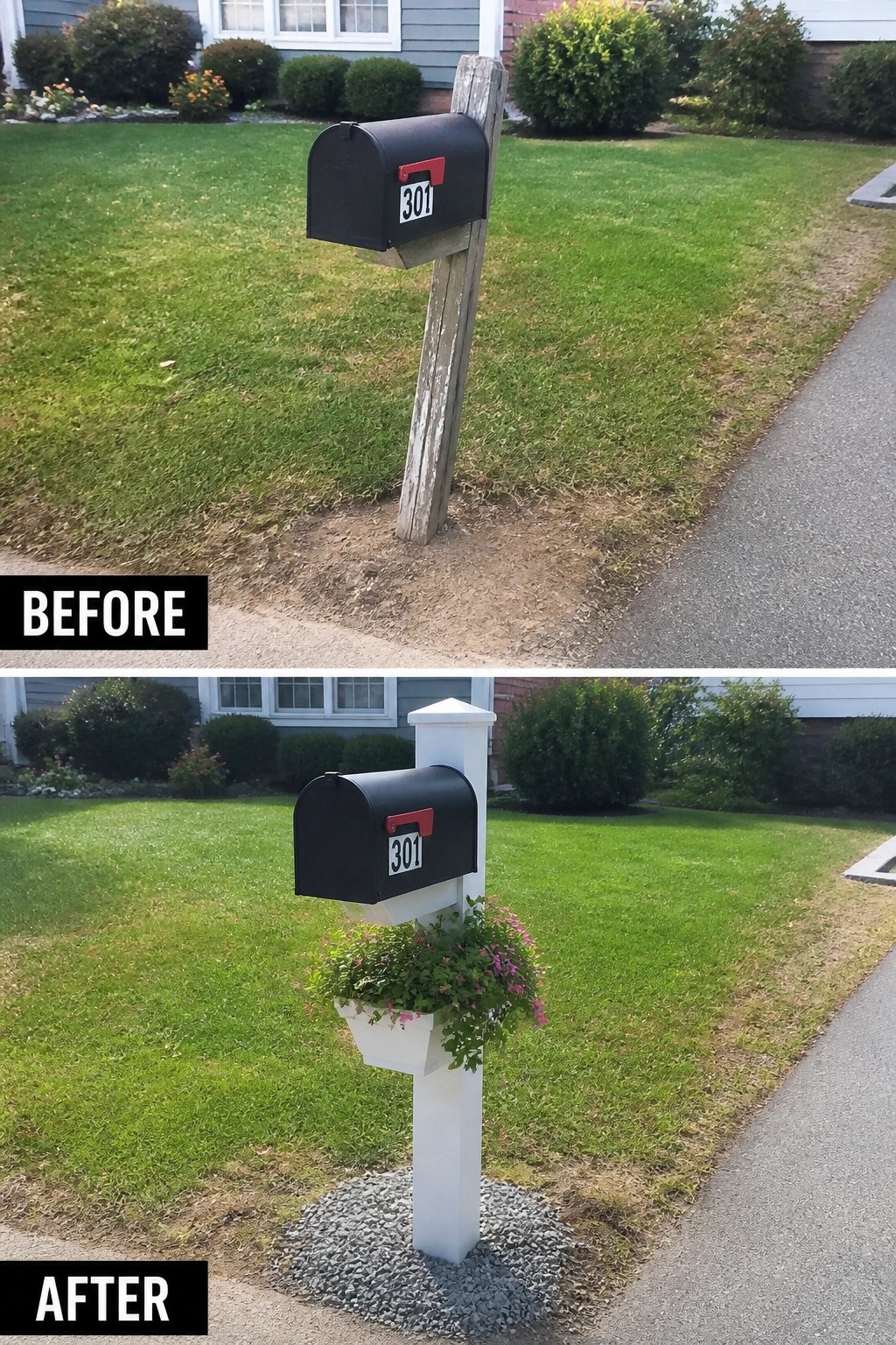 Before-and-after black mailbox on weathered wood post, now white with flowers.