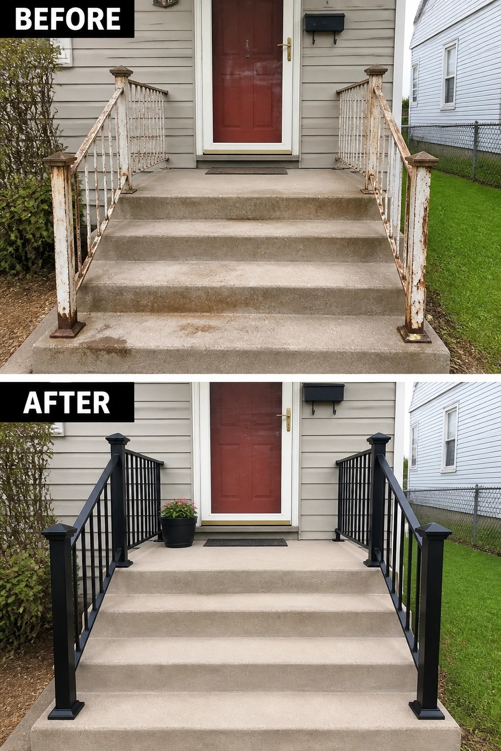 Before and after of concrete steps with rusty white vs new black railings