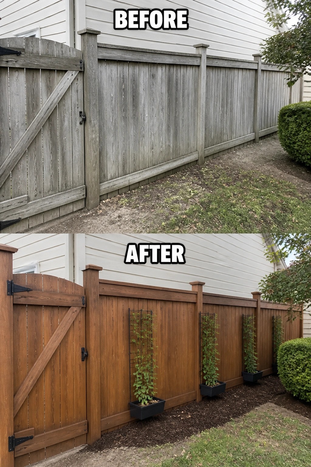 Before and after of weathered gray fence stained brown with added plant trellises.