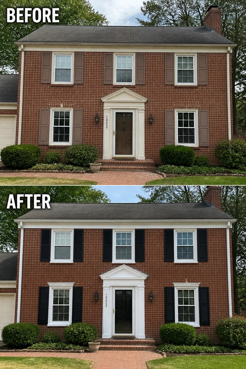 Before-and-after view of brick house with shutters changed from brown to black.