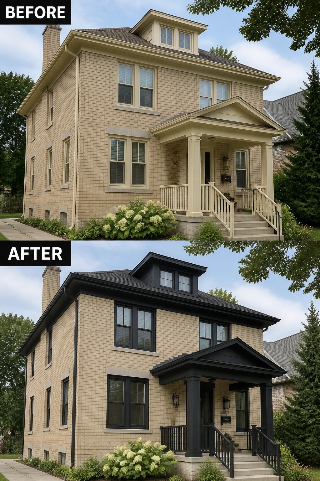Before-and-after image of a brick house showing light trim and porch changed to black trim, black porch structure, and black roof accents.