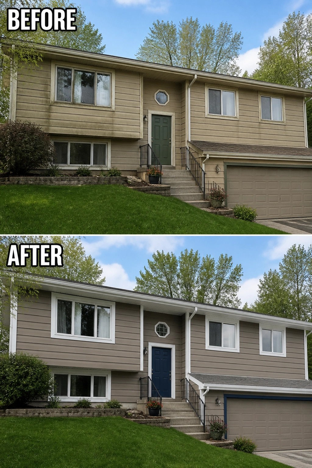 Before and after views of two-story house with updated siding, trim, and door color