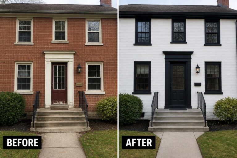 21 Modern Exterior Paint Makeover Ideas for Brick, Siding, and Trim Updates Before and after of red brick house painted white with black trim.