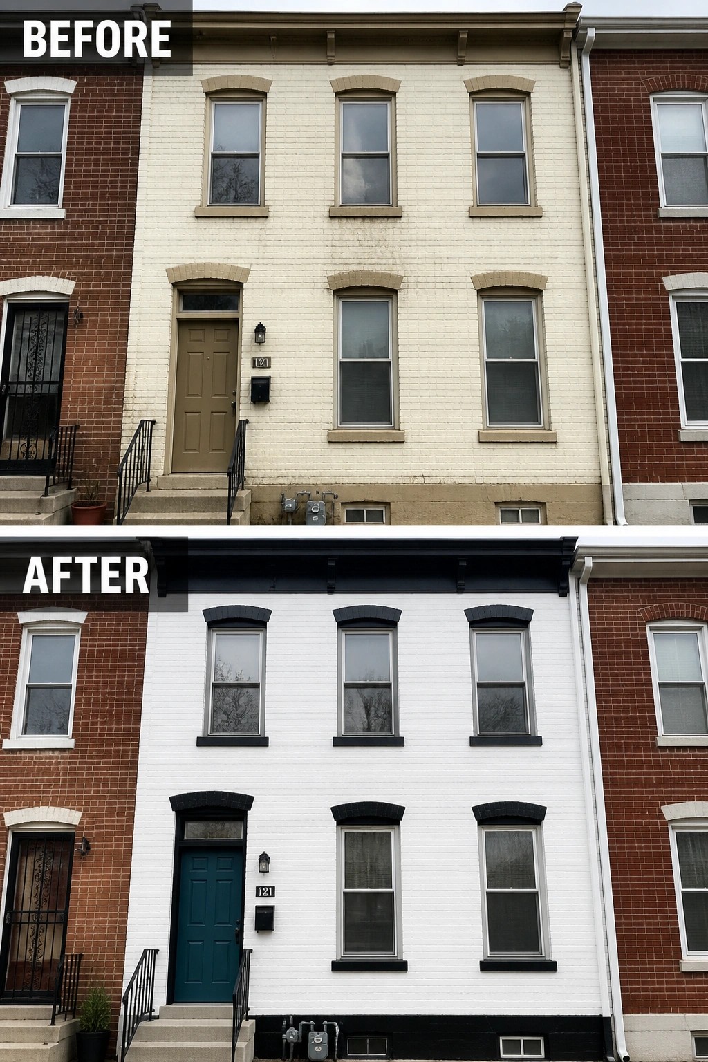 Before-and-after image of a brick row house exterior updated with white paint, black trim, and a teal front door.