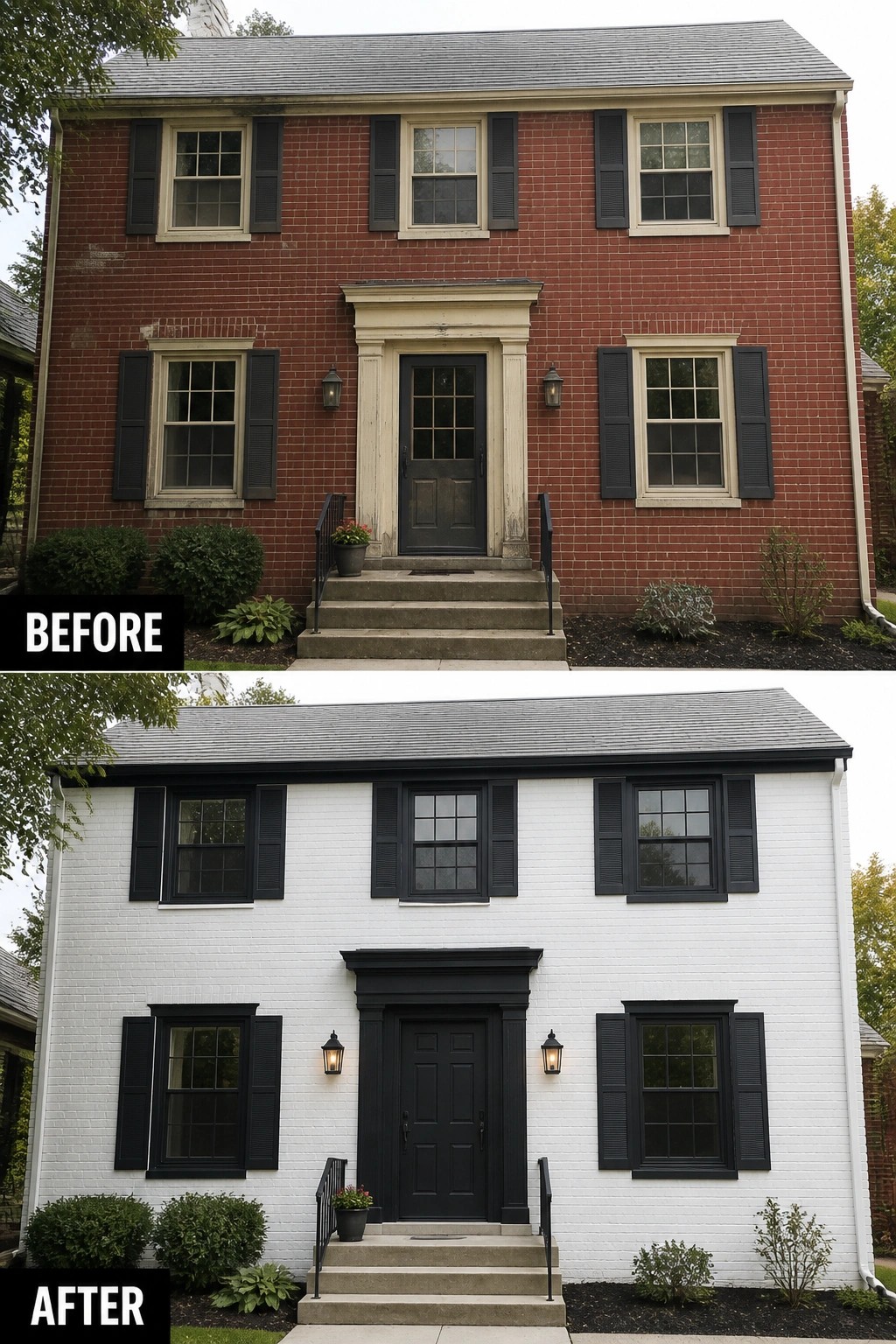 Before and after of red brick house painted white with black trim.