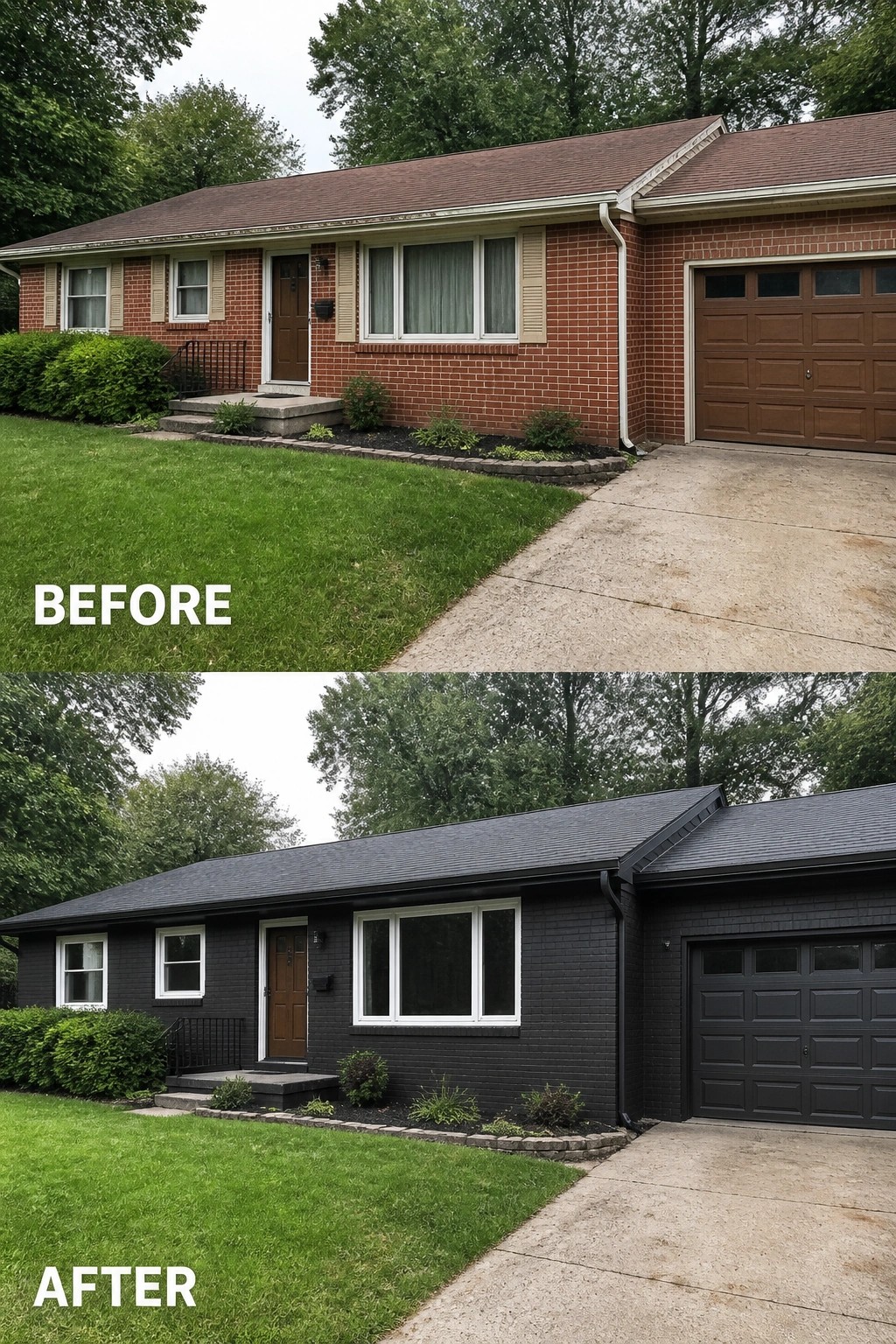 Before and after of red brick house painted black with white trim.