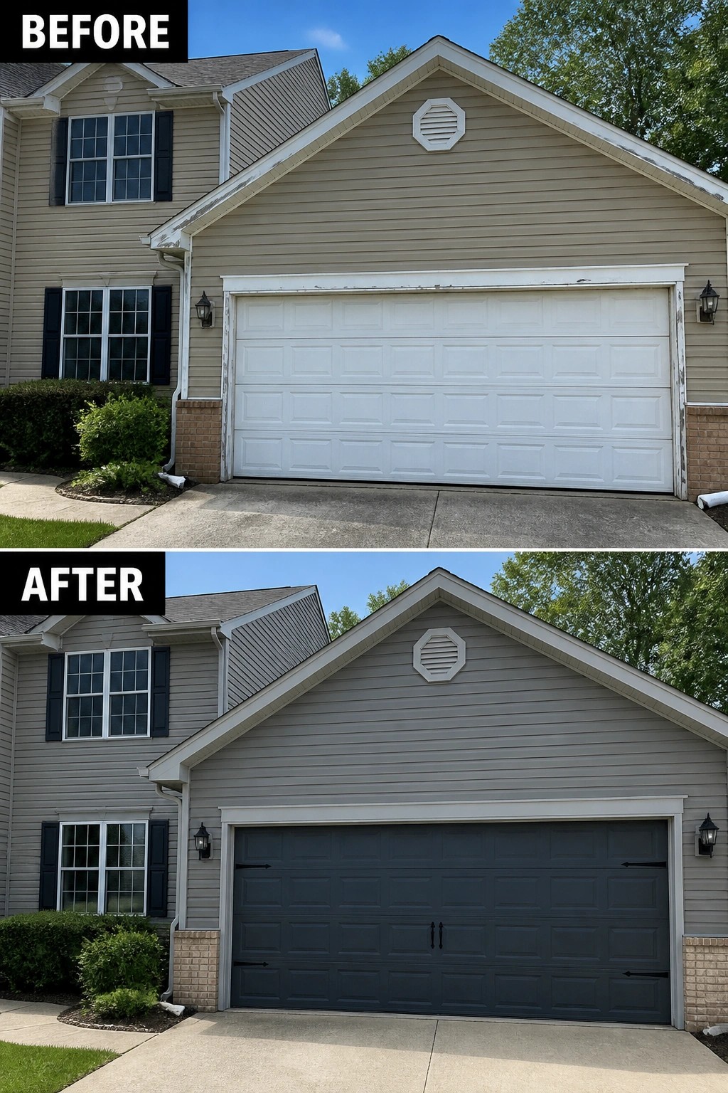 Before-and-after view of house with beige-to-gray siding and white-to-black garage door