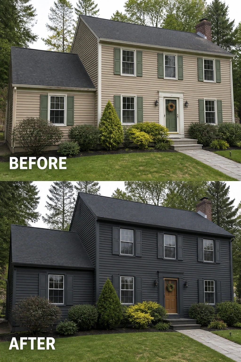 Before-and-after image of a two-story house with light beige siding changed to dark charcoal siding, updated door color, and matching shutters.