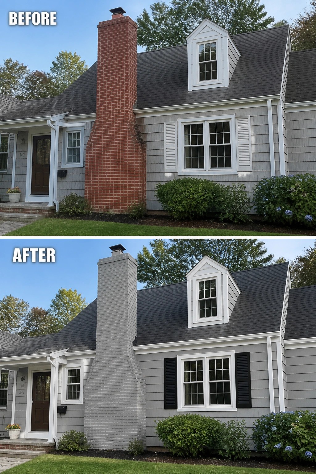 Before-and-after image of a house exterior showing the chimney painted to match the gray siding and shutters changed from white to black.