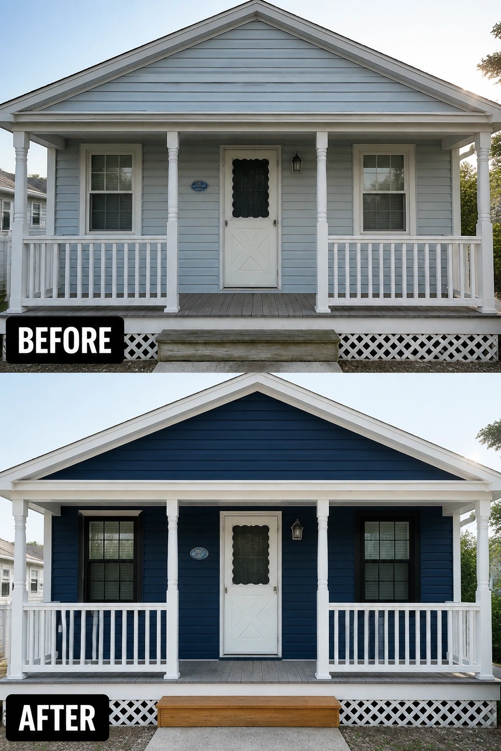 Before and after of house exterior repainted from light blue to dark navy with new step.