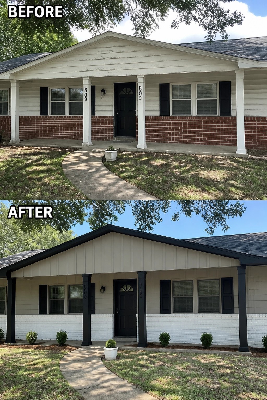 Before-and-after image of a brick and siding house exterior with white columns and trim changed to black, and the brick base painted white.