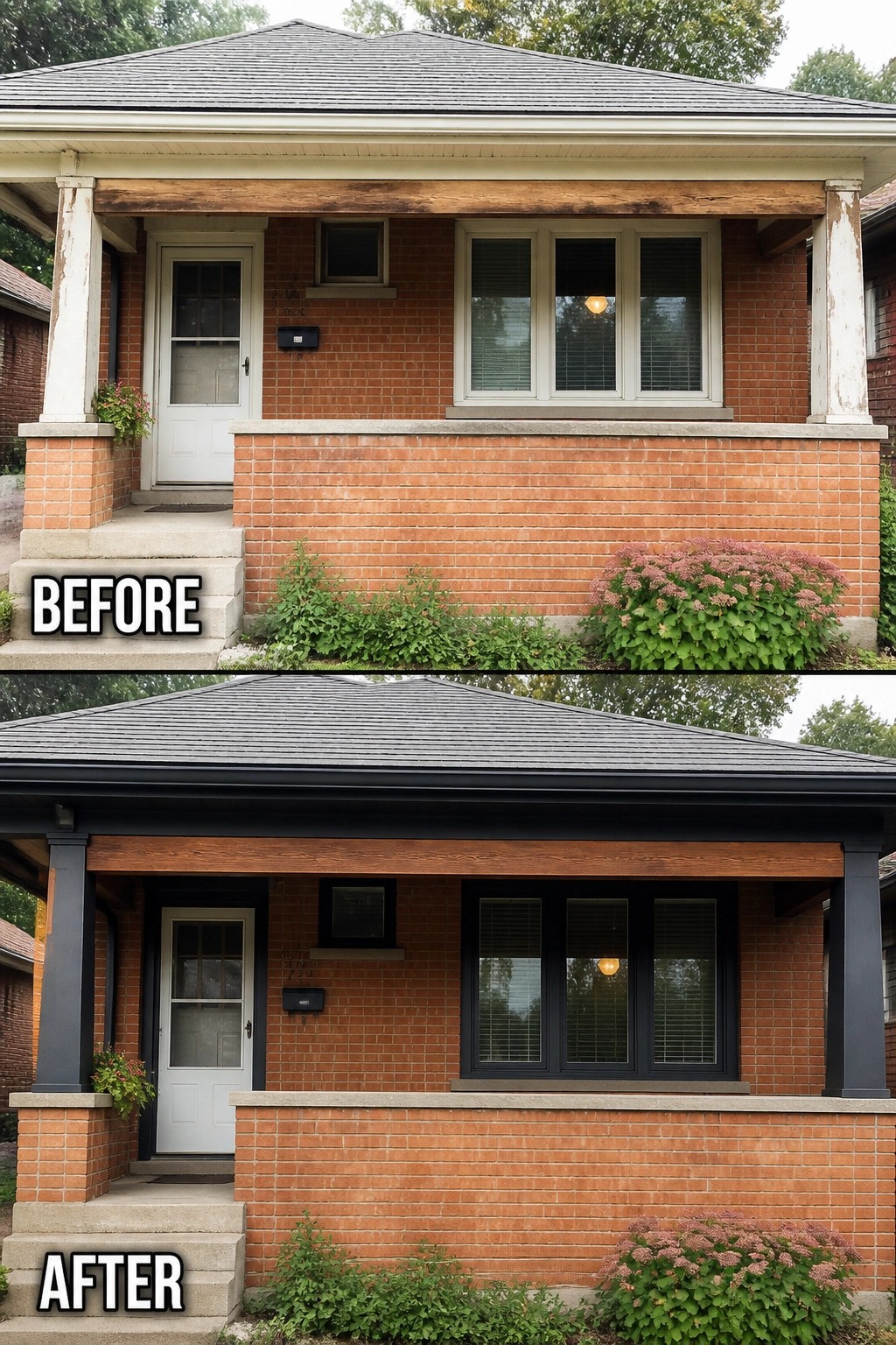 Before-and-after image of a brick house exterior showing white peeling porch columns and trim updated to dark painted posts and accents.
