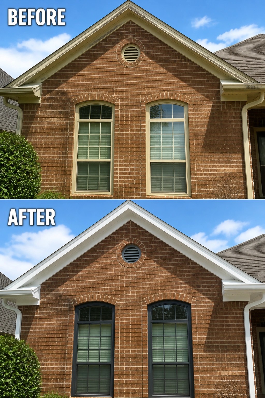 Before-and-after image of a brick house exterior showing window frames changed from light beige to black and gable trim updated to white.