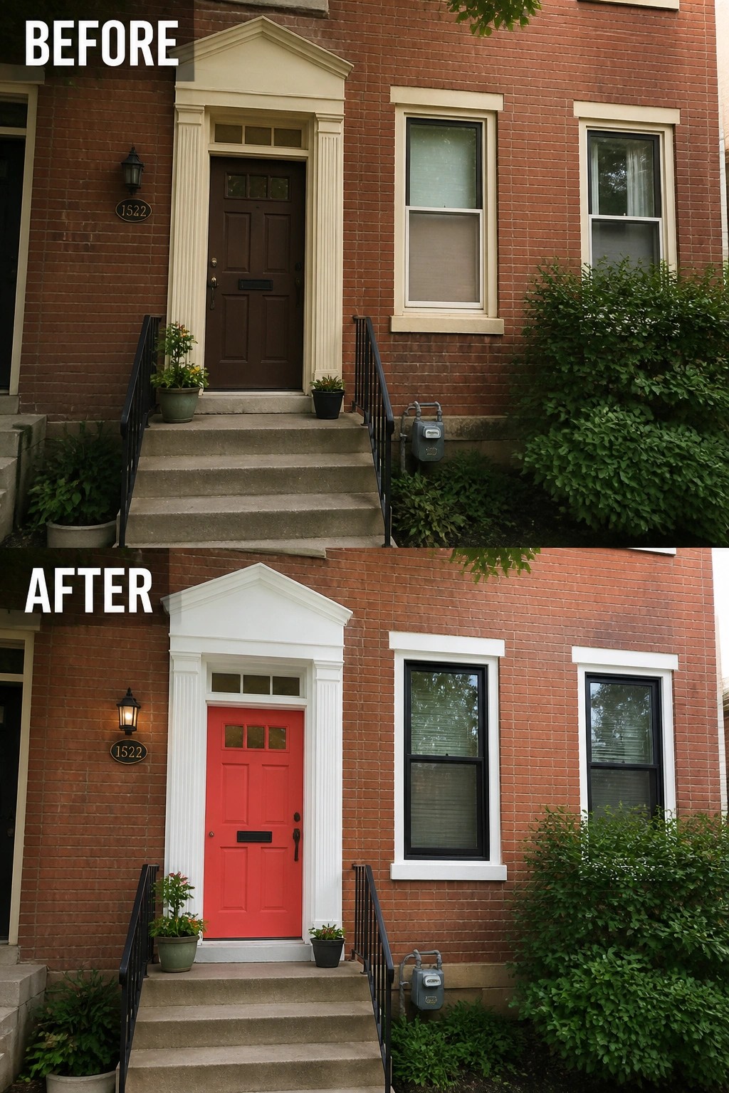 Before-and-after image of a brick house front entrance with the door painted red and trim updated to white.
