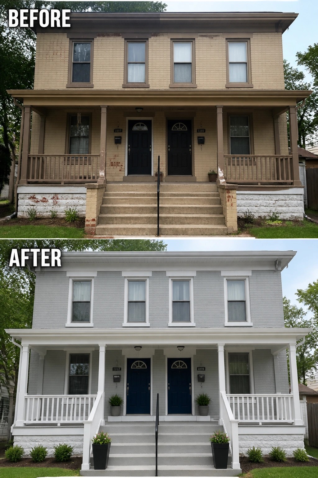 Before-and-after image of a brick house exterior updated with light gray paint on the brick, white trim and porch details, and refreshed front doors.