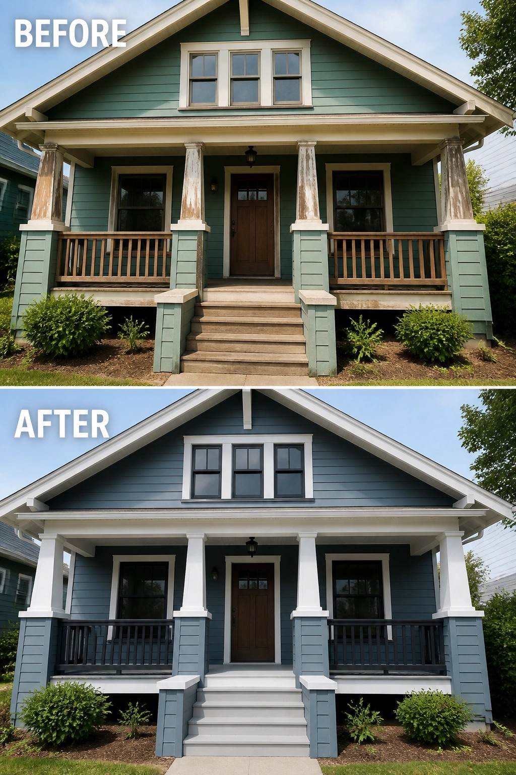 Before and after of house exterior repainted green to blue with porch updates.