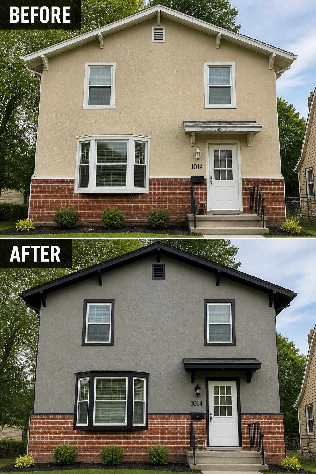 Before-and-after image of a two-story house exterior changed from beige siding with white trim to gray siding with black trim and accents.
