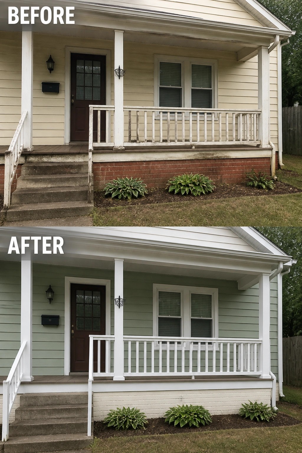 Before-and-after image of a house exterior showing siding changed from beige to green with white trim and foundation updates.