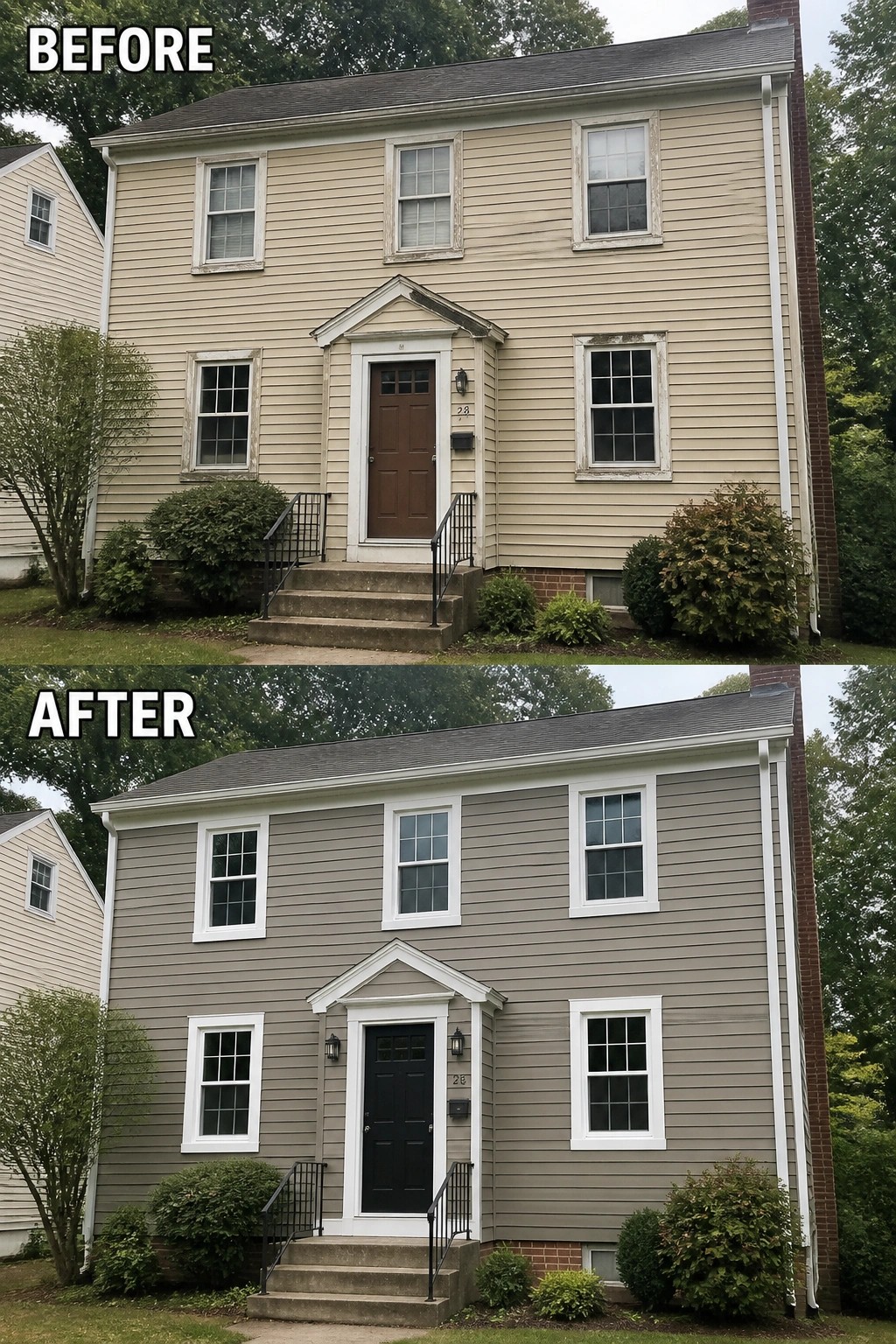 Before and after view of house with new gray siding and black door.