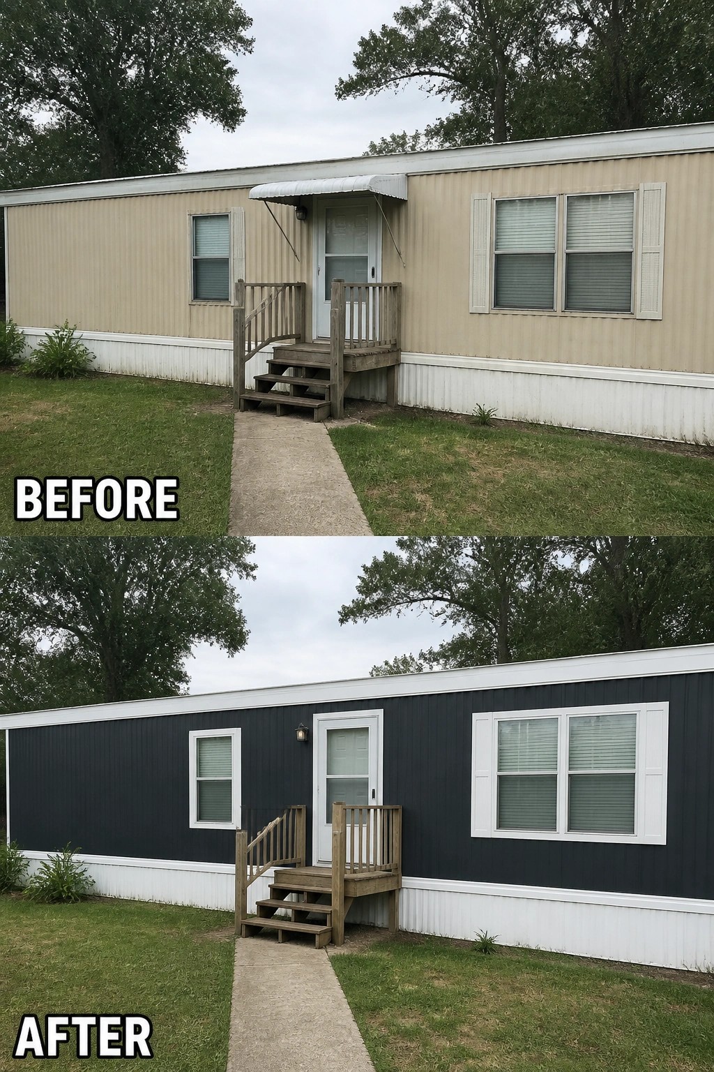Before-and-after image of a manufactured home exterior with siding repainted from light beige to dark gray and trim updated to white.