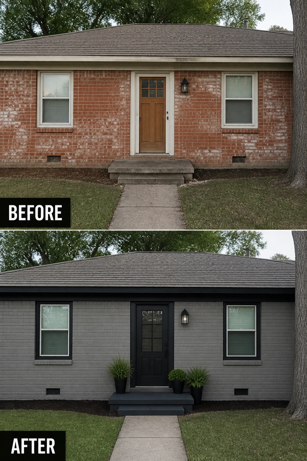 Before-and-after view of brick house painted gray with black door and trim.