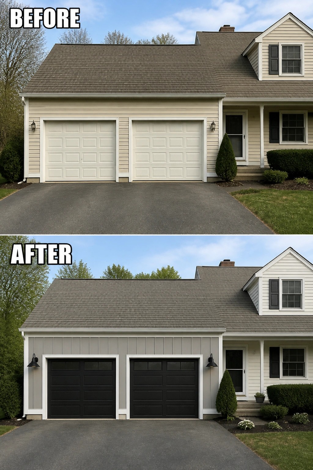 Before-and-after image of a house exterior with light beige siding and white garage doors updated to gray siding and black garage doors with white trim.