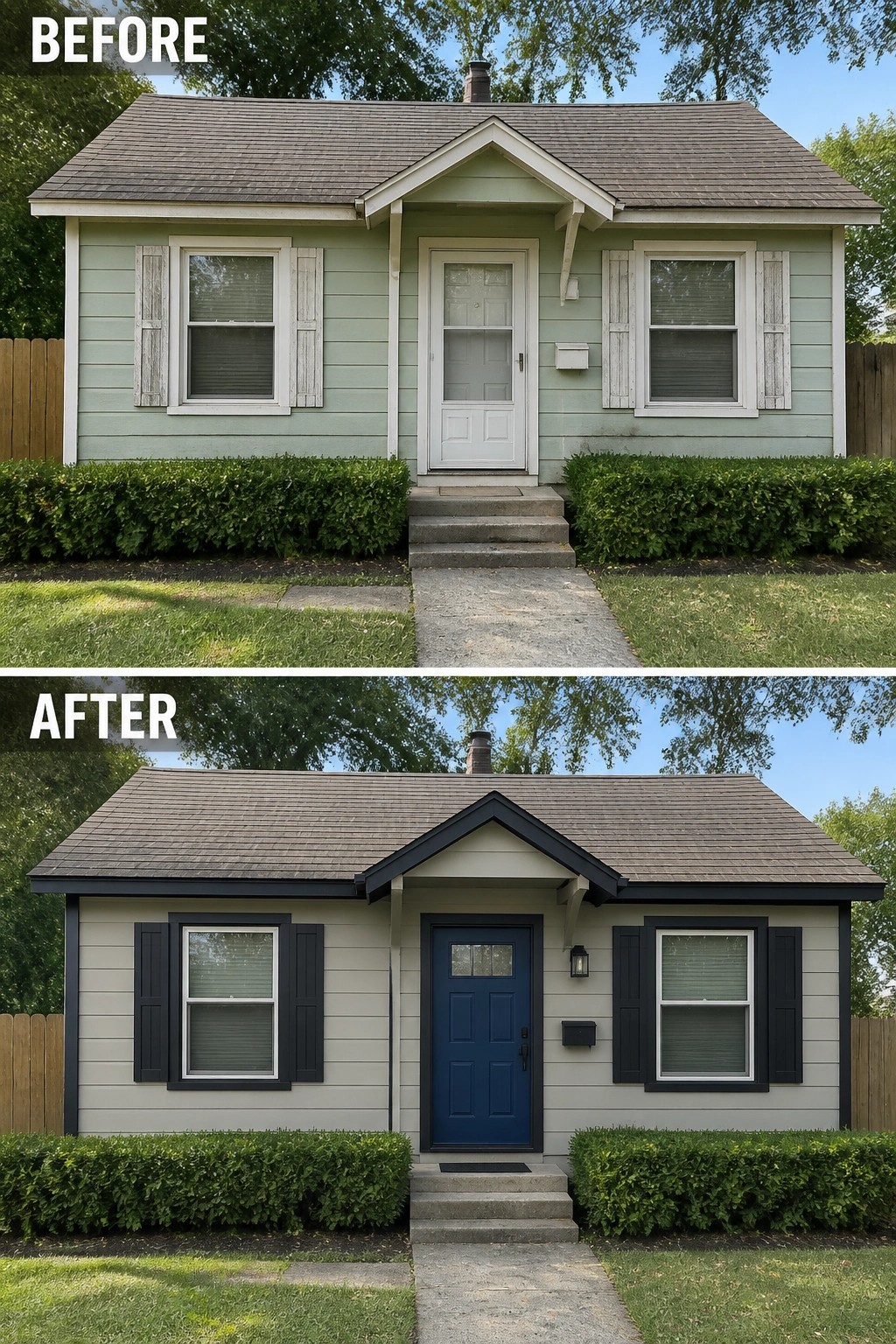 Before-and-after image of a house exterior updated with new siding color, black trim and shutters, and a blue front door.