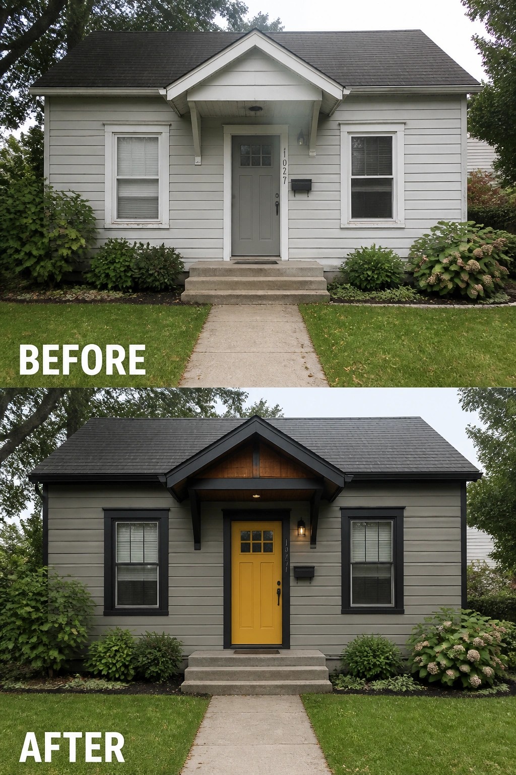 Before and after house exterior with gray siding, black trim, yellow door