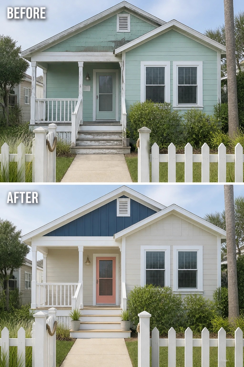 Before-and-after image of a house exterior updated with fresh paint on the siding and gables plus a coral front door.
