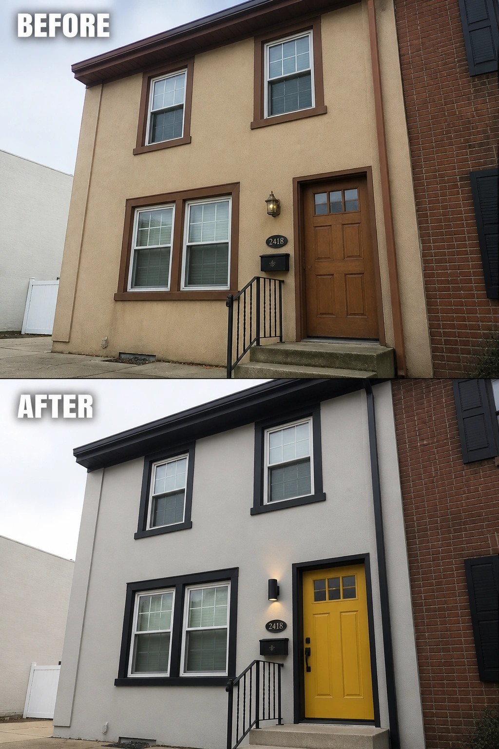 Before-and-after image of a house exterior with beige walls and brown trim updated to light gray paint, black trim, and a yellow front door.