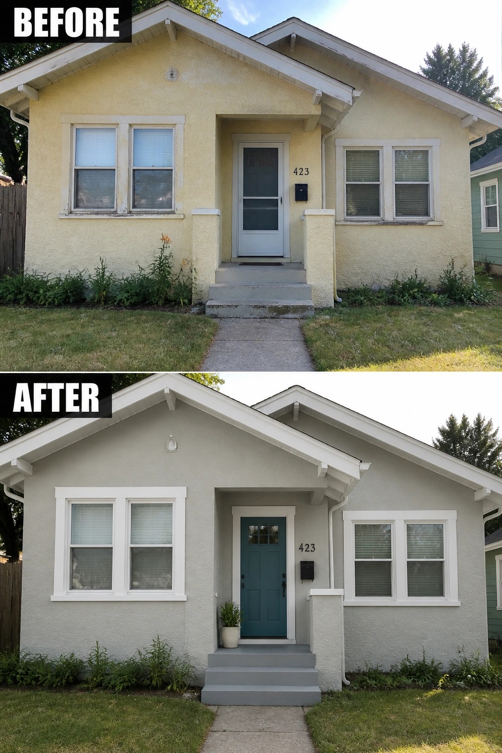 Before-and-after image of a yellow house exterior updated with gray paint, white trim, and a teal front door.
