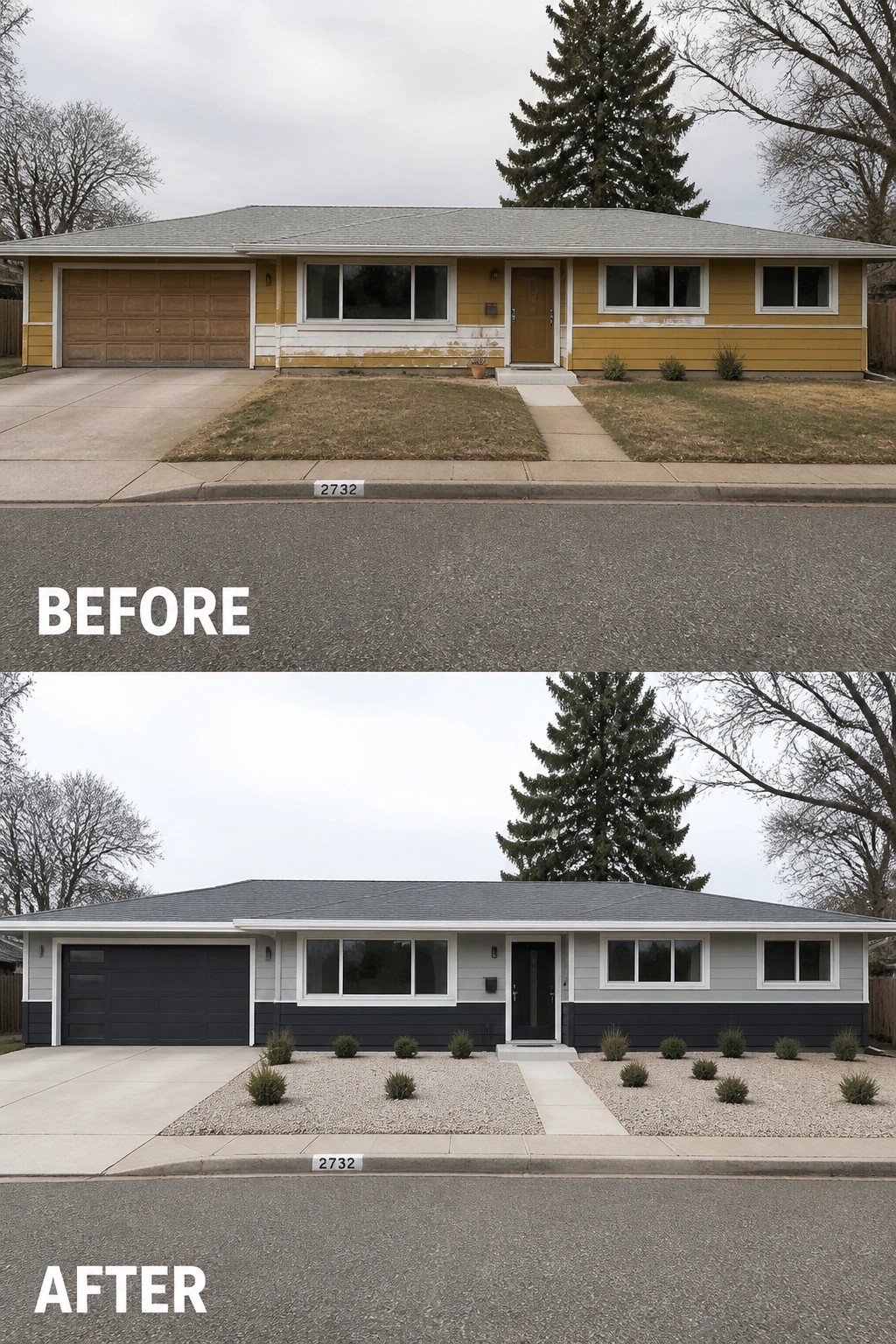 Before-and-after house exterior: yellow paint updated to modern gray with black trim and gravel yard.
