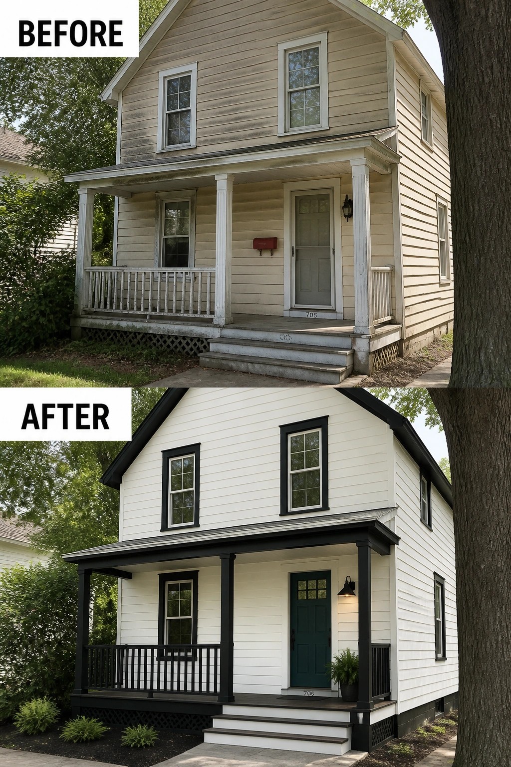 Before-and-after image of a two-story house exterior updated from beige siding with white trim to white siding with black trim and a refreshed porch.