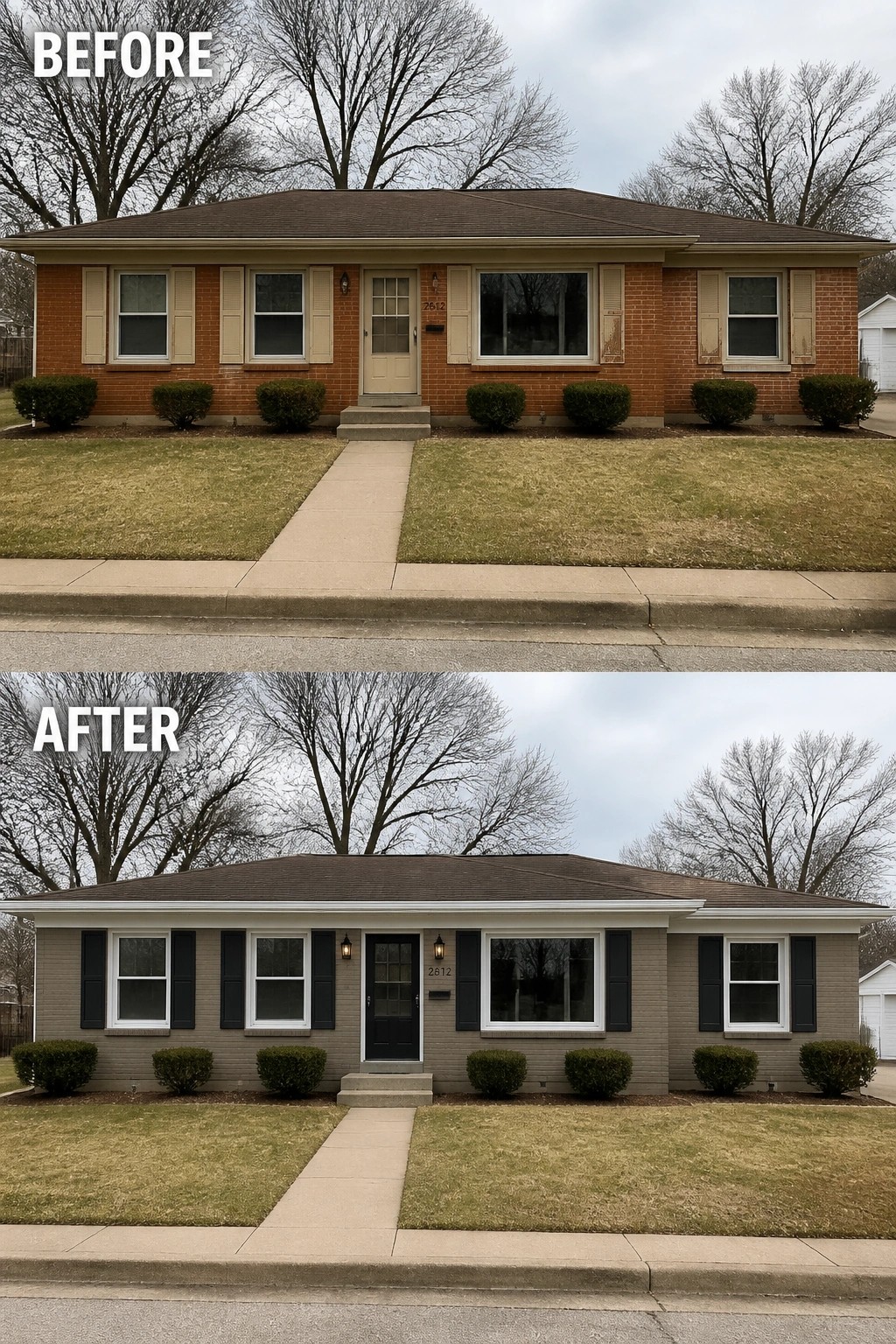 Before and after of brick house with gray siding and black shutters