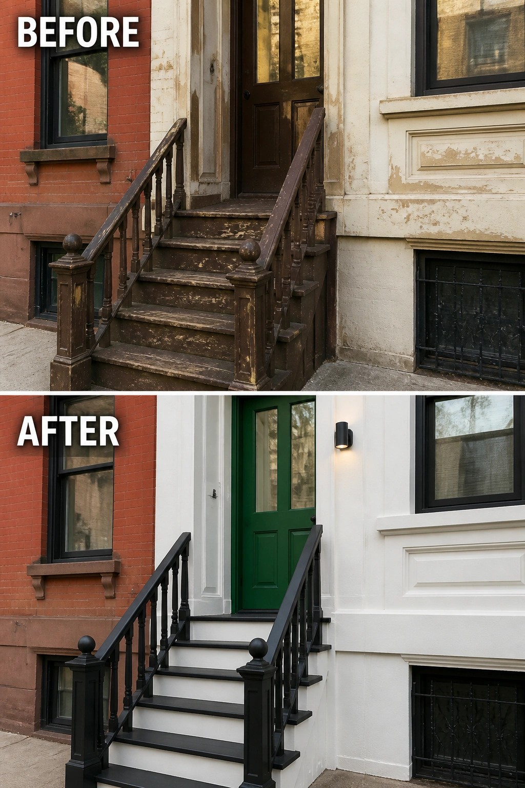 Before-and-after image of a house front entry showing peeling paint and a dark brown door updated with fresh white paint, a green door, and black painted stairs and railings.