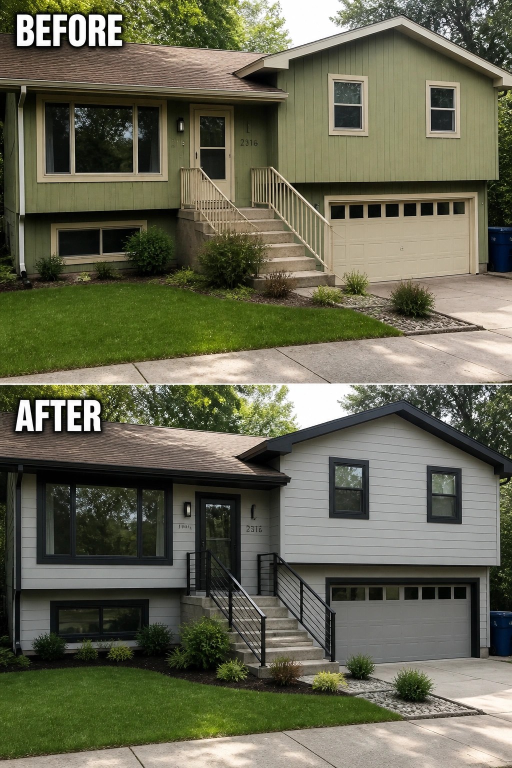 Before-and-after image of a house exterior updated from green siding to light gray with black trim and windows.