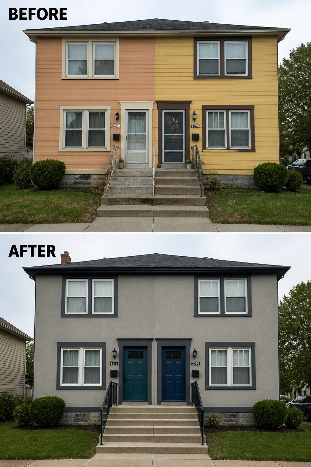Before and after of duplex repainted from peach-yellow to gray with new doors.