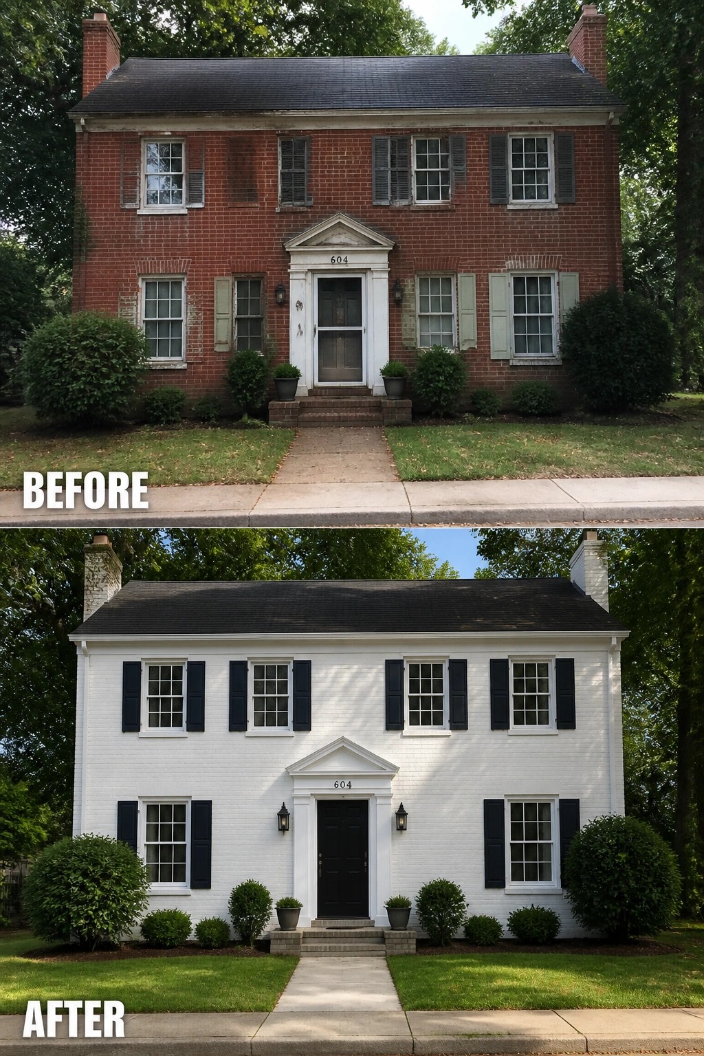 Before-and-after image of a red brick house updated with white paint, black shutters, and a black front door.