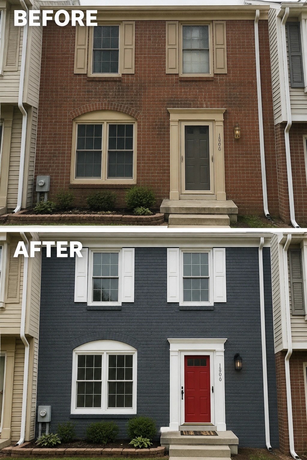 Before and after of brick townhouse painted dark gray with red door and white shutters