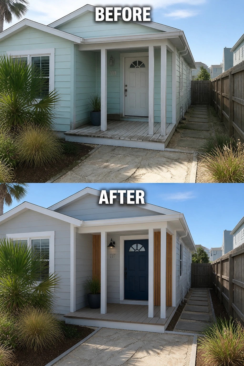Before-and-after image of a small house exterior refreshed with new paint, a dark blue front door, and added vertical wood trim accents on the porch.