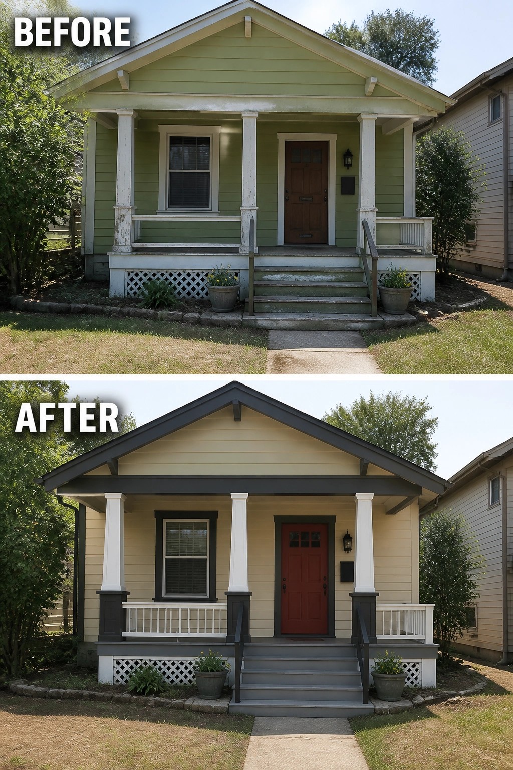 Before-and-after image of a small house exterior updated with new paint colors, dark trim, and a red front door.