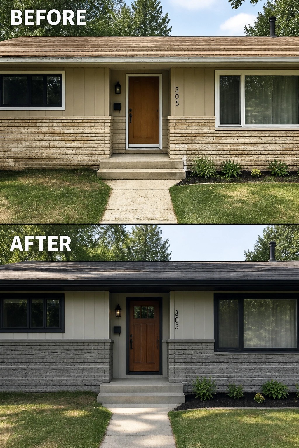 Before-and-after image of a ranch house exterior updated with a darker roof, black trim around windows and door, and a new stone base color.